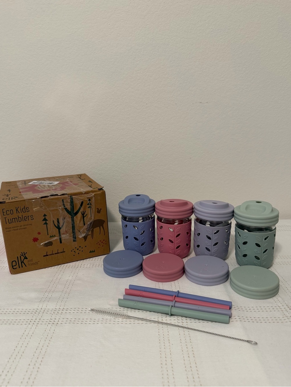 Elk and Friends Toddler Glass Cup 8 oz Mason Jar w/ Sleeves + Lid